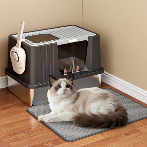 Arenero grande de acero inoxidable con tapa para gatos miniatura 1
