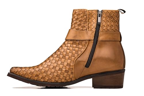 CALTO Men's Invisible Height Increasing Elevator Shoes - Light Brown Premium Leather Woven Ankle Buckle Zipper Boots - 3.3 Inches Taller - K30524 - Size 9 D(M) US3