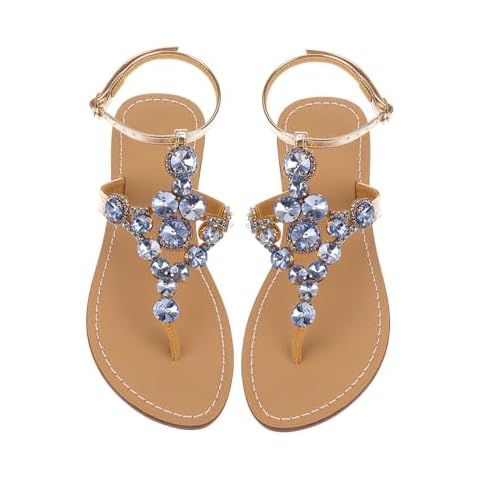 UTIKLIOU Women's Rhinestone Flat Sandals T-Strap Thong Sandals Summer Flat Sandals Flip Flop Sandals Beach Dress Wedding Shoes (Blue 9) Cover