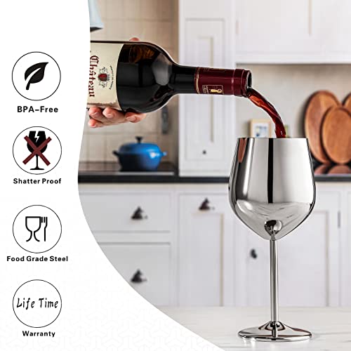 Wotor Stainless Steel Wine Glasses Set Of 4, 18Oz Unbreakable & Portable Stemmed Metal Wine Glass, Fancy, Unique Wine Goblets For Outdoor, Travel, Camping And Pool, Ideal Gift For Wine Lovers (Silver) #TOP3