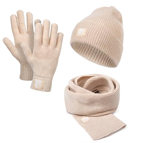 HEYO Damen Winter-Set | Strickmütze mit Umschlag, Schal & Handschuhe | Warme Beanie Strickschal Beige HZ0016 (Beige)