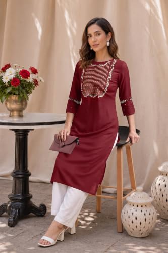 Image of MIRCHI FASHION Women's Straight Fit Rayon Sequins Embroidered and Polka Dots Printed Kurti Only