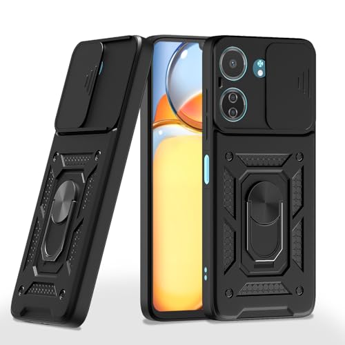 Image of Outlouders Back Cover for Redmi 13C 4G / Poco C65 | D10 Tough Armor 360 Protection Case with Sliding Camera Shield & Ring Holder Stand Bumper Case (Black)
