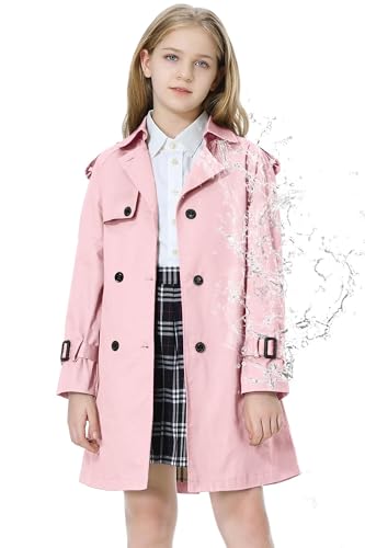 Image of Betusline Girls Trench Coat Double Breasted Classic Lapel Belted Windproof Overcoat Outwear,2# Light Pink,4-5T = Tag 120
