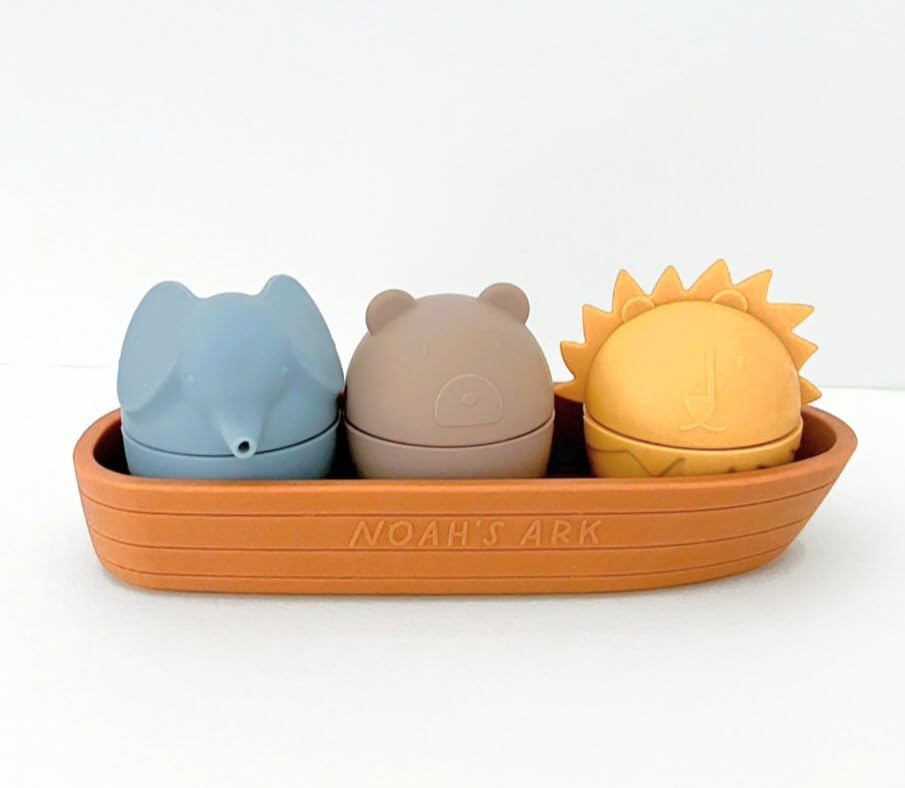 Image of Lamorat Kompani Baby Bath Toys Set of 3 - Silicone Boat-Mold Free Bathtub Toys, Silicone Bath Toys for Toddler, BPA-Free, Noah's Ark Theme, No Mold