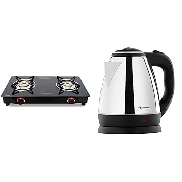 Butterfly Smart Glass 2 Burner Gas Stove, Black & Butterfly Ekn 1.5-Litre Water Kettle (Silver With Black