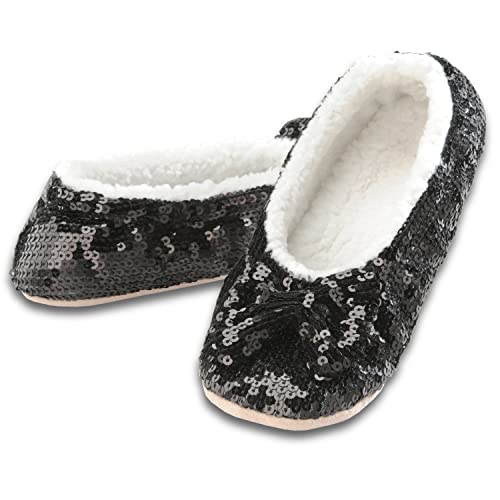 Snoozies Sequin Slippers for Women Indoor with Sherpa Lining, Womens Slipper Socks with Grips