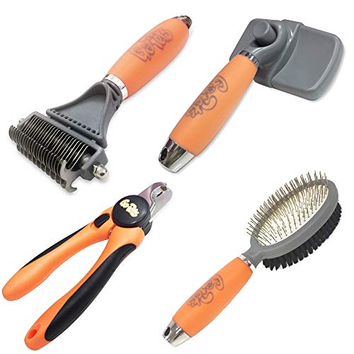 GoPets Ultimate Grooming Bundle for Pets with Double Sided Dematting & Deshedding Rake Tool, Self Cleaning Slicker Brush, 2 Sided Pin & Bristle Comb, and Nail Clipper with Nail File for Dogs and Cats