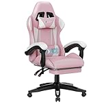 bigzzia Gaming chair with massage function, ergonomic gamer chair with footrest, headrest, lumbar cushion, height adjustment, tilt 90°-155°, gaming chair for gaming, work, relaxation (Pink and white)
