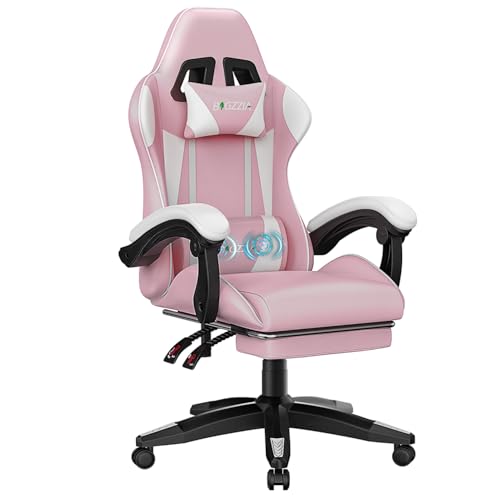 bigzzia Gaming chair with massage function ergonomic gamer chair with footrest headrest lumbar cushion height adjustment tilt 90-155 gaming chair for gaming work relaxation (Pink and white)