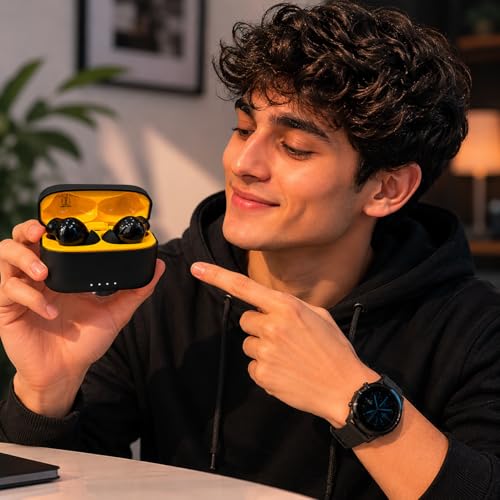 Image of Pods Black Gold Edition Bluetooth 5.3 Wireless Earbuds with ENC Noise Cancellation, 10mm Drivers, 30+ Hours Playtime, Smart Touch Control, Type-C Fast Charging, Deep Bass TWS Earphones (Black)