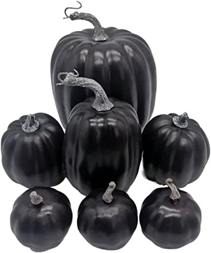Lizxun 7 Pcs Artificial Pumpkins Halloween Decoration,Halloween Simulated Foam Orange Pumpkin,Harvest Fall Foam Pumpkins for Autumn Thanksgiving Halloween Home Party Supplies (7pcs Black-A1)