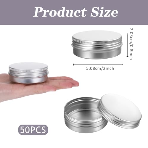 50-Pack Silver 1 oz Aluminum Tin Jars with Screw Lids – Refillable Cosmetic Containers for Lip Balm, Creams, Candles & DIY Crafts2