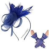 Fascinators Hats for Women and Lace Gloves Set, Blue Derby Hat Vintage Tea Party Hats Fascinator Hat Headband Headwear Clip 1920s Accessories for Women Girls Cocktail Wedding Church Tea Party Favors