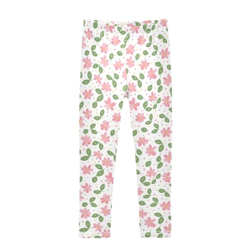 senya Girls Printed Leggings Yoga Pants Pink Green Leaf Flowers Pattern for Kids in 4t to 10 Years, 4T