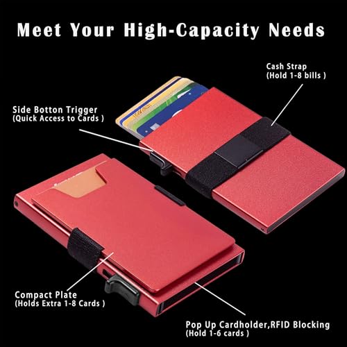 Image of Minimalist Mens Card Holder Wallet, RFID Blocking Slim Smart Pop Up Aluminum Wallet,Holds 12+ Cards,Expandable Compact Plate,Cash Strap /Money Clip (Red)