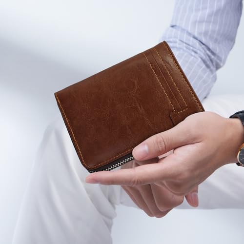 Minimalist Real Leather Wallet for Men with Zipper Card Holder and ID Window RFID Blocking Bifold Wallet (Brown)3