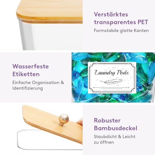 Lifewit 2 Stück Wäsche Pods Behälter mit Etiketten und Löffeln, Waschpulver Aufbewahrungsbox mit Bambusdeckel, Organizer Box Aufbewahrung für Waschmittel Pulver Perlen Duft-Booster im Wäschezimmer