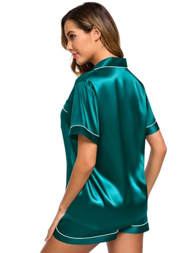 Image of SWOMOG Womens Silk Satin Pajamas Set Short Sleeve Sleepwear Button Down Top and Shorts Loungewear 2 Piece Pjs Set XS-3XL