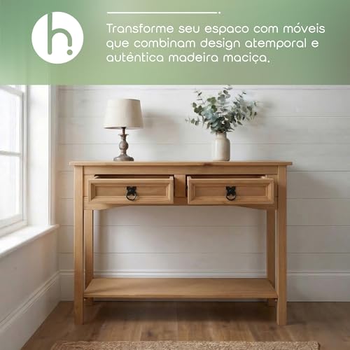 Image of Solid Wood Console Table with 2 Drawers and Lower Shelf - Classic Rustic Entryway Accent Table for Living Room and Hallway - Pine Wax