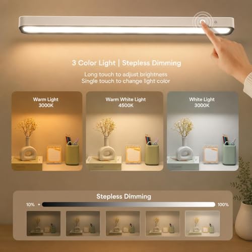 Image of FLYNGO 3 Color LED Rechargeable Touch Lamp, Magnetic Stick-On Cabinet Light USB Charging & Adjustable Brightness for Study, Wardrobe, Closet, Desk, Kitchen, Power Cut (1288-42CM)