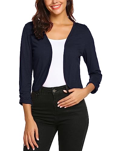 Parabler Bolero dam, kort 3/4 ärm, kofta, öppen front, bolerojacka, sommar, ledig kofta, elegant, lätt S–XXXL, Mörkblå, S