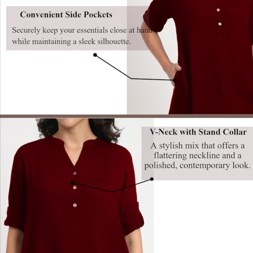 Image of Women's Roll-Up Sleeve Tunic Top, V-Neck with Button Front, Side Pockets, Rayon Short Kurti