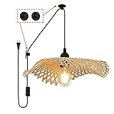 Hand Woven Bamboo Pendant Lighting for Kitchen Island,Plug in Cord Ceiling Hanging Wicker Lamp, Rattan Basket Chandelier Bamboo Light Fixture for Living Room Dining Room Restaurant (Hat Shape)