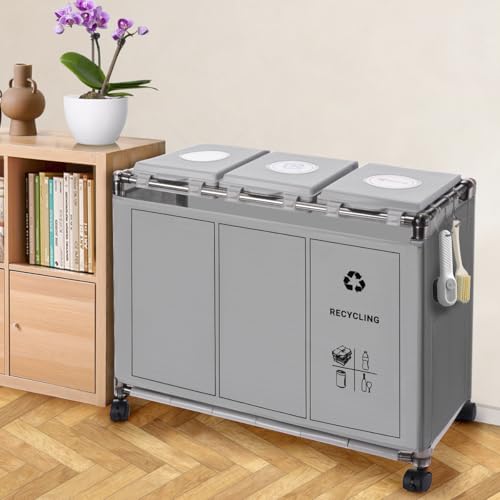 ゴミ袋ホルダー 3分別*30L ゴミ袋ホルダー 蓋付き 90L大容量 ゴミ箱 キャスター付き ゴミ箱 ふた付き スリムデザイン おしゃれ 塵箱 分別 ゴミ袋ホルダー 目隠しダストボックス 分別シール付き (グレー)