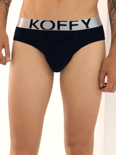 Image of KOFFY Men's Premium Cotton Lycra Brief with Minus Cutting Pouch| Silver Metallic Elastic| 4 Way Stretch| Wrinkle Free| Pack of 1