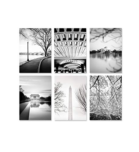 Washington DC Art - Set of 6 Photography Prints - 5x7 inches - Unframed - Black and White Photography of Lincoln Memorial, Jefferson Memorial, Washington Monument