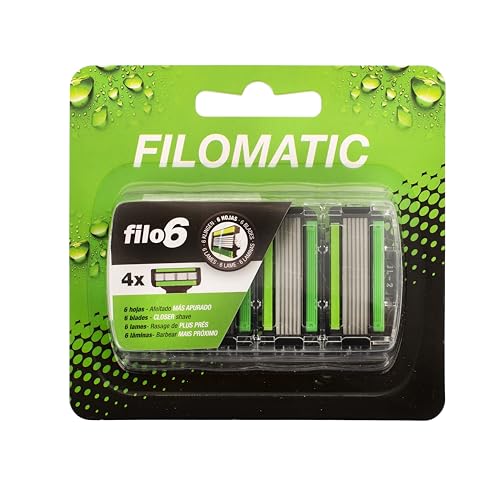 Filomatic Filo6 Pack 4 Cuchillas de Recambio – 6 Hojas de Alto Rendimiento para Afeitado Apurado y Preciso – Banda Lubricante y Cabezal Basculante – Compatible con Maquinilla Filomatic Filo6