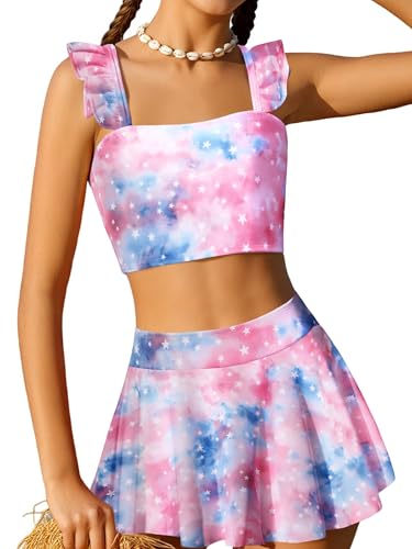 Image of Arshiner Girls Swimsuit 3 Piece Bathing Suits Cute Bikini Tankini Sets Teen Ruffle Swimwear with Cover Up Skirt