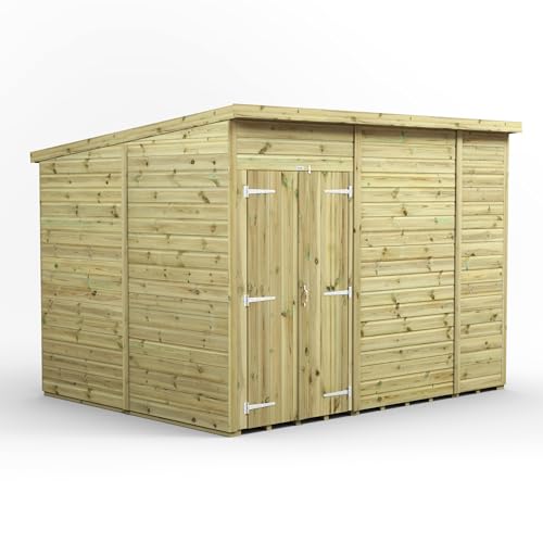 Powersheds High Grade Premium Pressure Treated Windowless Pent Double Door Shed Garden Wooden Shed with Heavy Duty Frame, Galvanised Ironmongery, Throughout made from Extra Thick Timber (10x8)