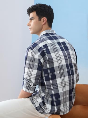 Image of The Souled Store: Blue Sails Men and Boys Long Sleeve Collared Neck Button Front Blue and Cream Checked Embroidered Regular Fit Cotton Linen Shirt