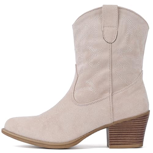 Image of IXU Cowboy Boots for Women Wide Suede Ankle Western Cowgirl Boots Mid Calf Pointed Toe Short Chunky Classic Booties