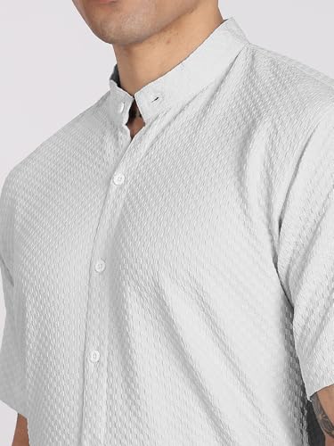 Image of Men's Regular Fit Solid Casual Shirt - Short Sleeve, Mandarin Collar, Lightweight Polyester, Stylish Everyday Wear