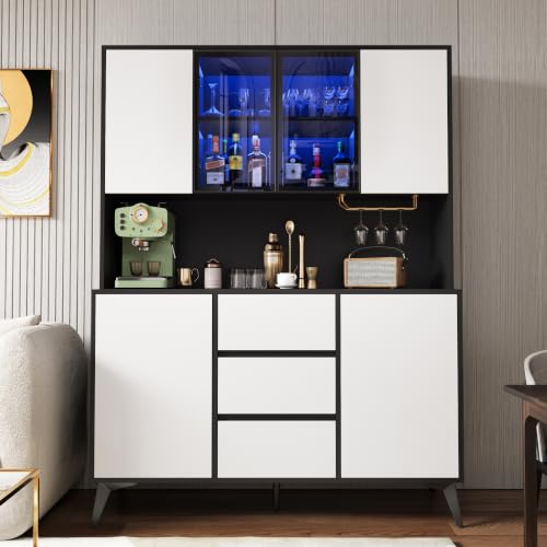 SACOOL Vitrina de cristal con 3 cajones, soporte para vasos de cristal dorado, color blanco y negro