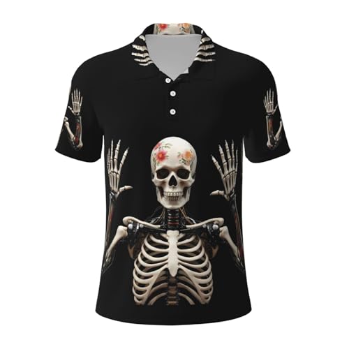 Moxquju Cyber Skeleton with Tattoos Print Polo Shirt Classic Button