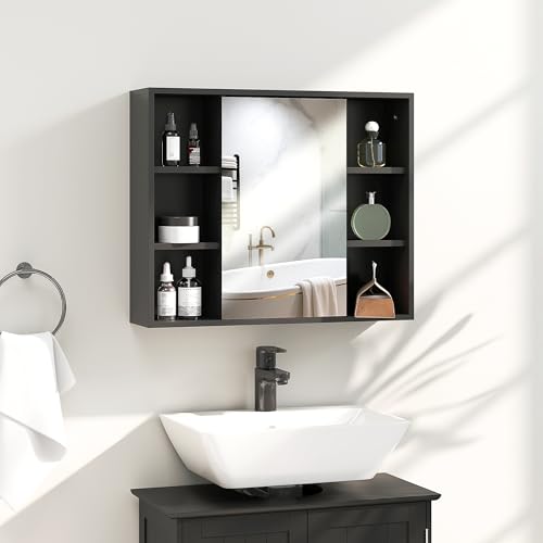 HOMCOM Armoire Murale, Meuble Salle de Bain avec Miroir, Miroir Salle de Bain avec Rangement, Placard à Portes et 6 Compartiments Ouverts, 60 x 14,5 x 49,4...