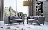 US Pride Furniture Velvet Rolled Arm Chesterfield Sofas, Grey