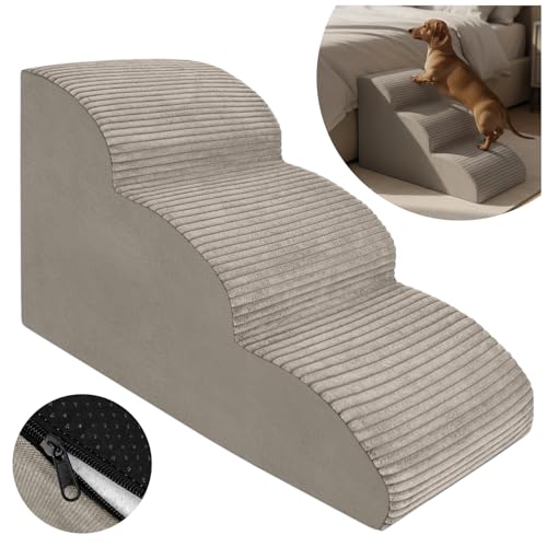 Hundetreppe 3 Stufen - 60 x 30 x 40 cm - rutschfest Weich für Kleine Hunde Haustiertreppe Stabil Sicher Komfortabel – Hergestellt in Polen (Streifen Beige)