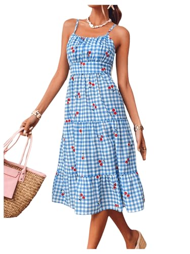 Image of MakeMeChic Women's Cherry Gingham Cami Dress Spaghetti Strap Ruffle Tiered Summer Midi Dresses Blue Large