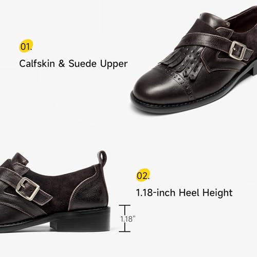 Image of BEAU TODAY Women's Leather Loafers, Wingtip Brogue Monk Strap Shoes | Genuine Leather, Round Toe, Low Heel, Metal Buckle, Non-Slip, Comfortable Business Casual Flats for Work and School