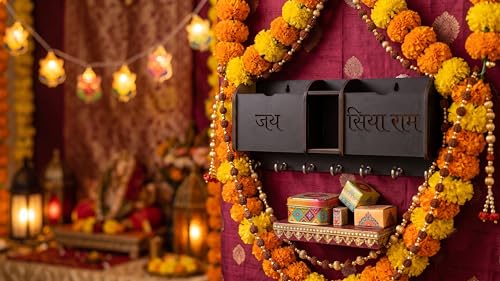 Image of Wooden Key Holder for Wall with 7 Hooks & Mail Organizer | Jai Siya Ram Laser Cut Spiritual Home Decor | Wall Mounted Mobile Stand, Letter Rack & Pen Holder for Living Room, Office & Entrance