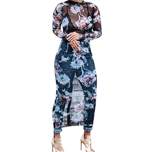 Sunnywill Women Dress, Women’s Perspective Floral Printed Bohemia Muslin Sundress Voile Long Dress Womens Elegant European Ins Style Midi Dress A-line Dress Blue