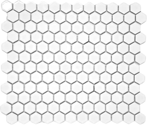 Tenedos 1-Inch White Glossy Hexagon Porcelain Mosaic Tile for Bathroom
