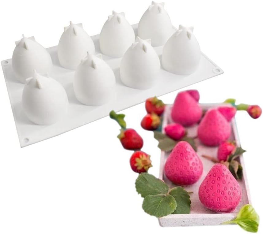 Surakey Cake Molds Baking Dessert Jelly Ice Cream 3D Fruit Shapes Silicone Mold for Chocolate Candy Pastry Truffle Pudding Jelly Cheesecake Mousse Soap, 8-Cavity Strawberry Mold