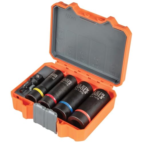 Image of Klein Tools 66040 2-in-1 Impact Socket Set, 5-Piece Tool Set with 12-Point Deep Sockets with 1 /2-Inch Drive, Includes Tool Case
