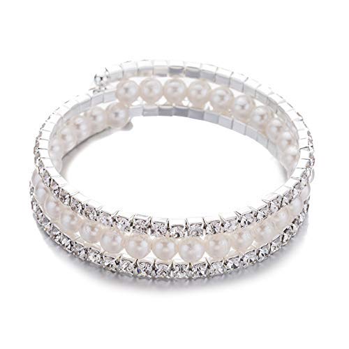 Yellow Chimes Exclusive Trendy Crystal Gorgeous Pearl Multi-Layer Wide Bangle Adjustable Bracelets for Women and Girls